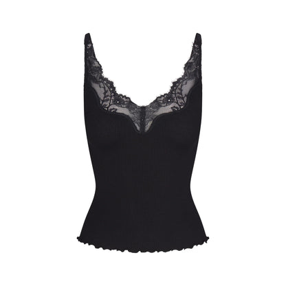 RIB KNIT LACE CAMI | OBSIDIAN