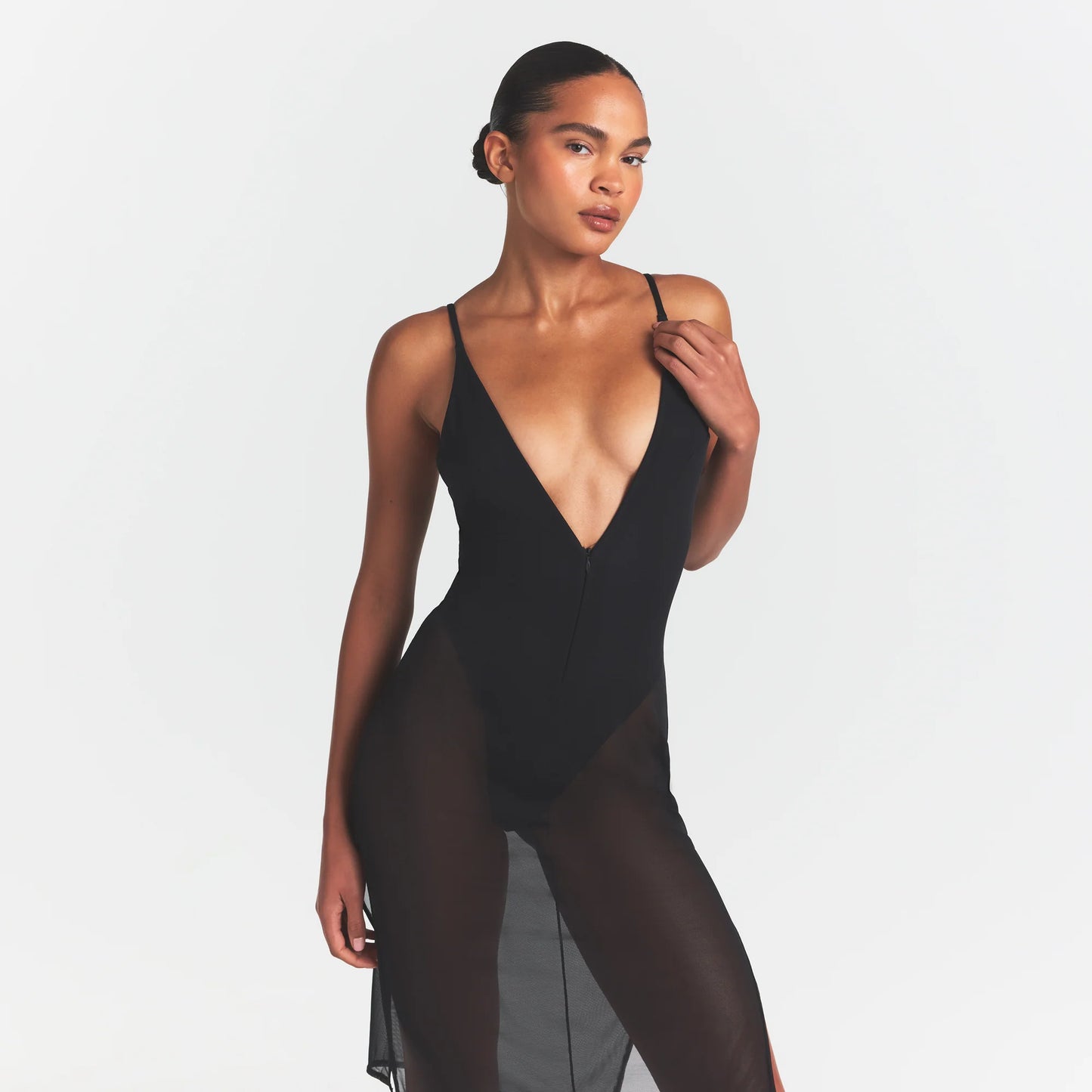 SKIMS BODY MESH PLUNGE MIDI DRESS | ONYX
