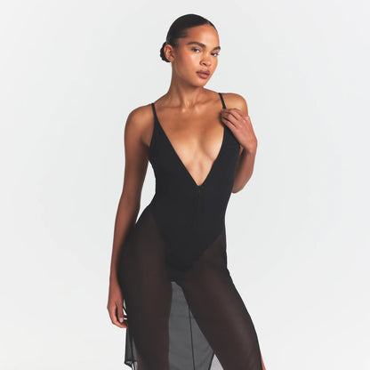 SKIMS BODY MESH PLUNGE MIDI DRESS | ONYX