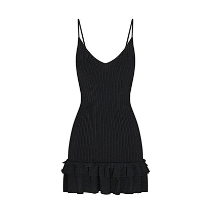 SHEER KNIT RUFFLE DRESS | ONYX
