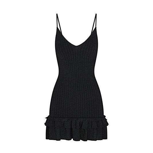 SHEER KNIT RUFFLE DRESS | ONYX