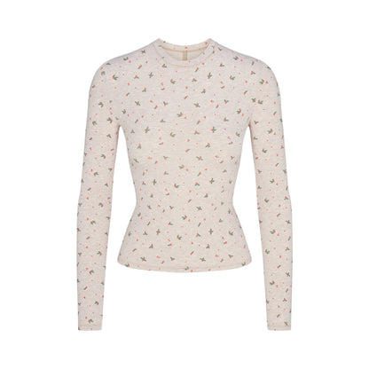 COTTON JERSEY LONG SLEEVE T-SHIRT | OATMEAL HEATHER HOLLY PRINT