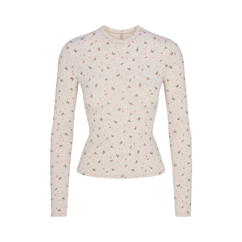 COTTON JERSEY LONG SLEEVE T-SHIRT | OATMEAL HEATHER HOLLY PRINT