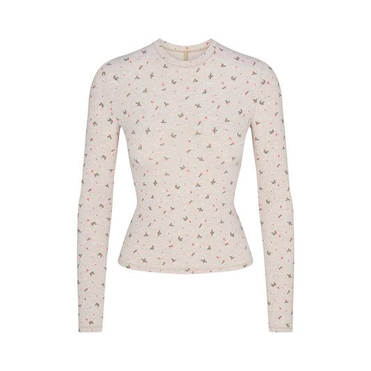 COTTON JERSEY LONG SLEEVE T-SHIRT | OATMEAL HEATHER HOLLY PRINT