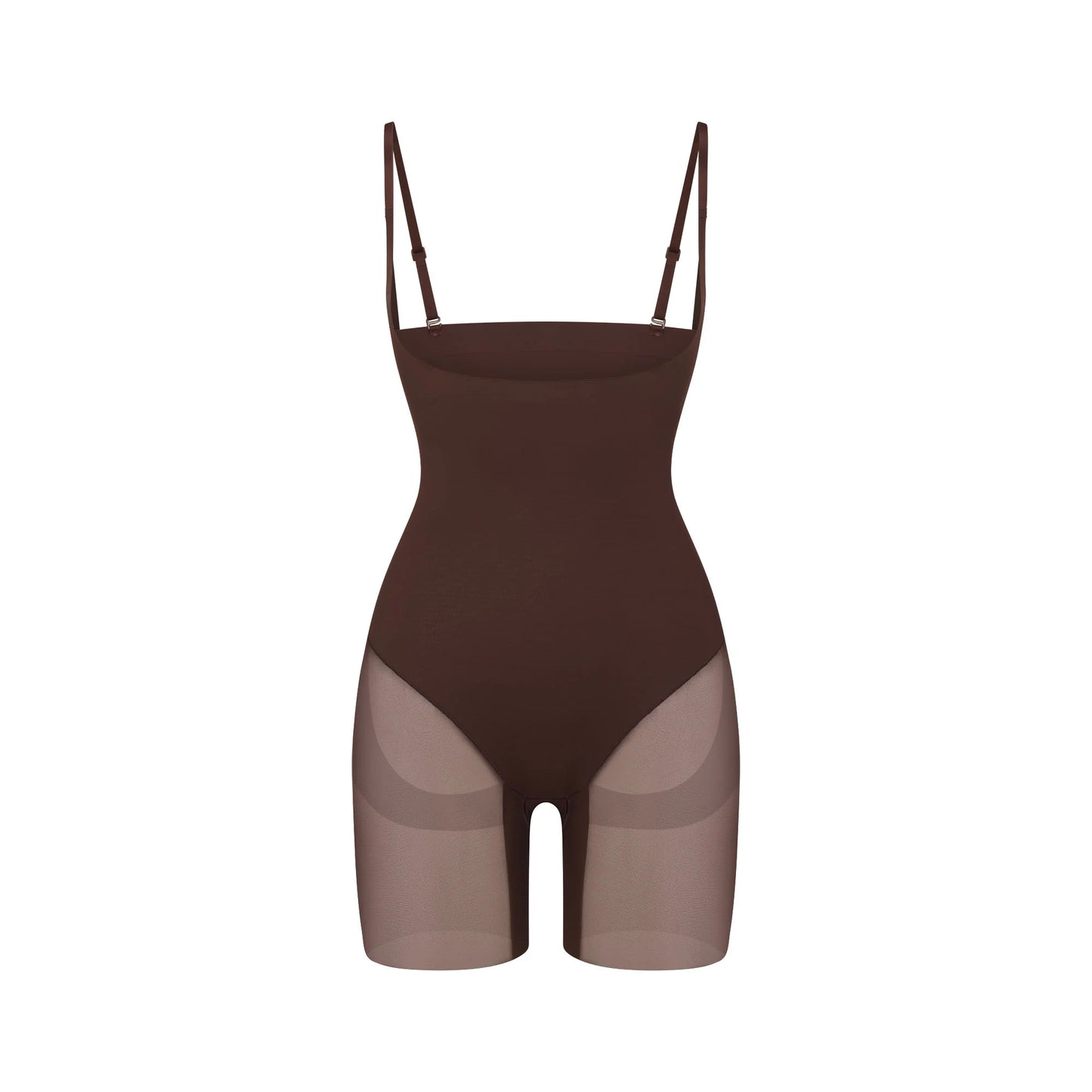 POWER MESH SHAPEWEAR CORE SCULPT OPEN BUST MID THIGH BODYSUIT | COCOA