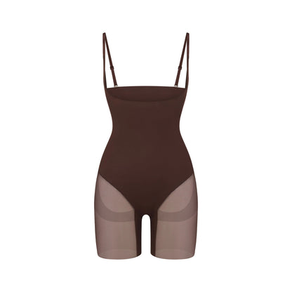 POWER MESH SHAPEWEAR CORE SCULPT OPEN BUST MID THIGH BODYSUIT | COCOA