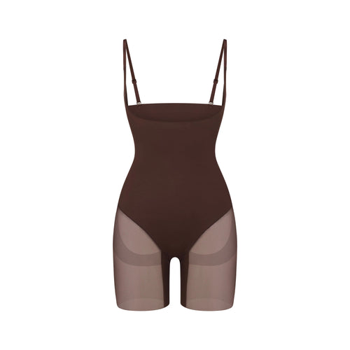 POWER MESH SHAPEWEAR CORE SCULPT OPEN BUST MID THIGH BODYSUIT | COCOA