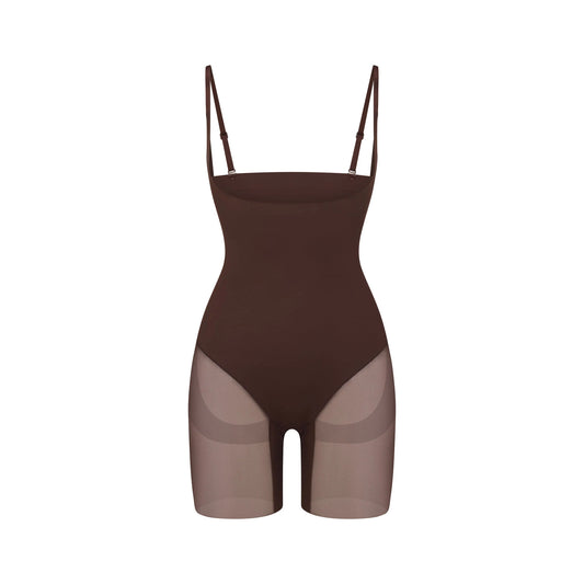 POWER MESH SHAPEWEAR CORE SCULPT OPEN BUST MID THIGH BODYSUIT | COCOA