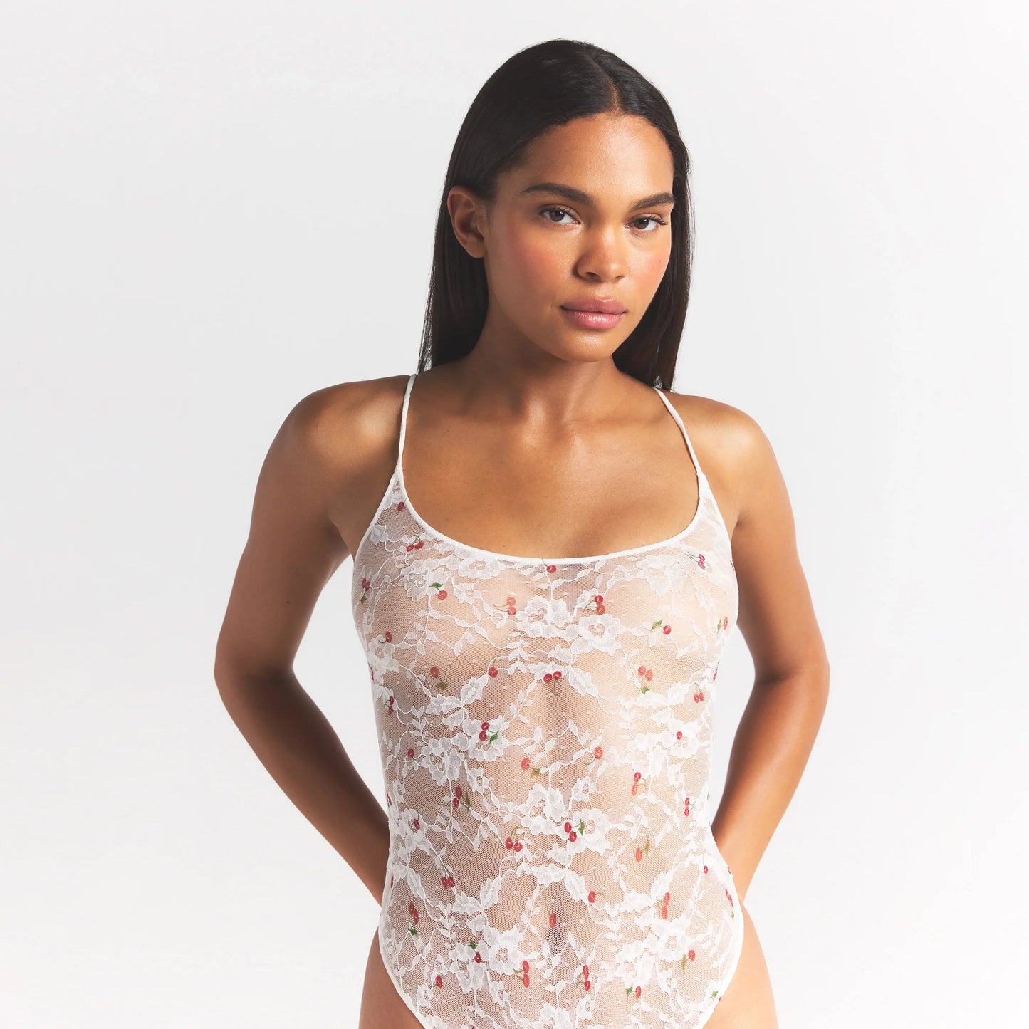 STRETCH LACE SCOOP NECK BODYSUIT | IVORY CHERRY PRINT