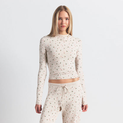 COTTON JERSEY LONG SLEEVE T-SHIRT | OATMEAL HEATHER HOLLY PRINT