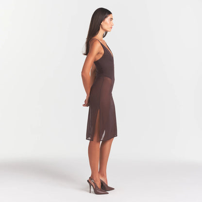 SKIMS BODY MESH PLUNGE MIDI DRESS | RAISIN
