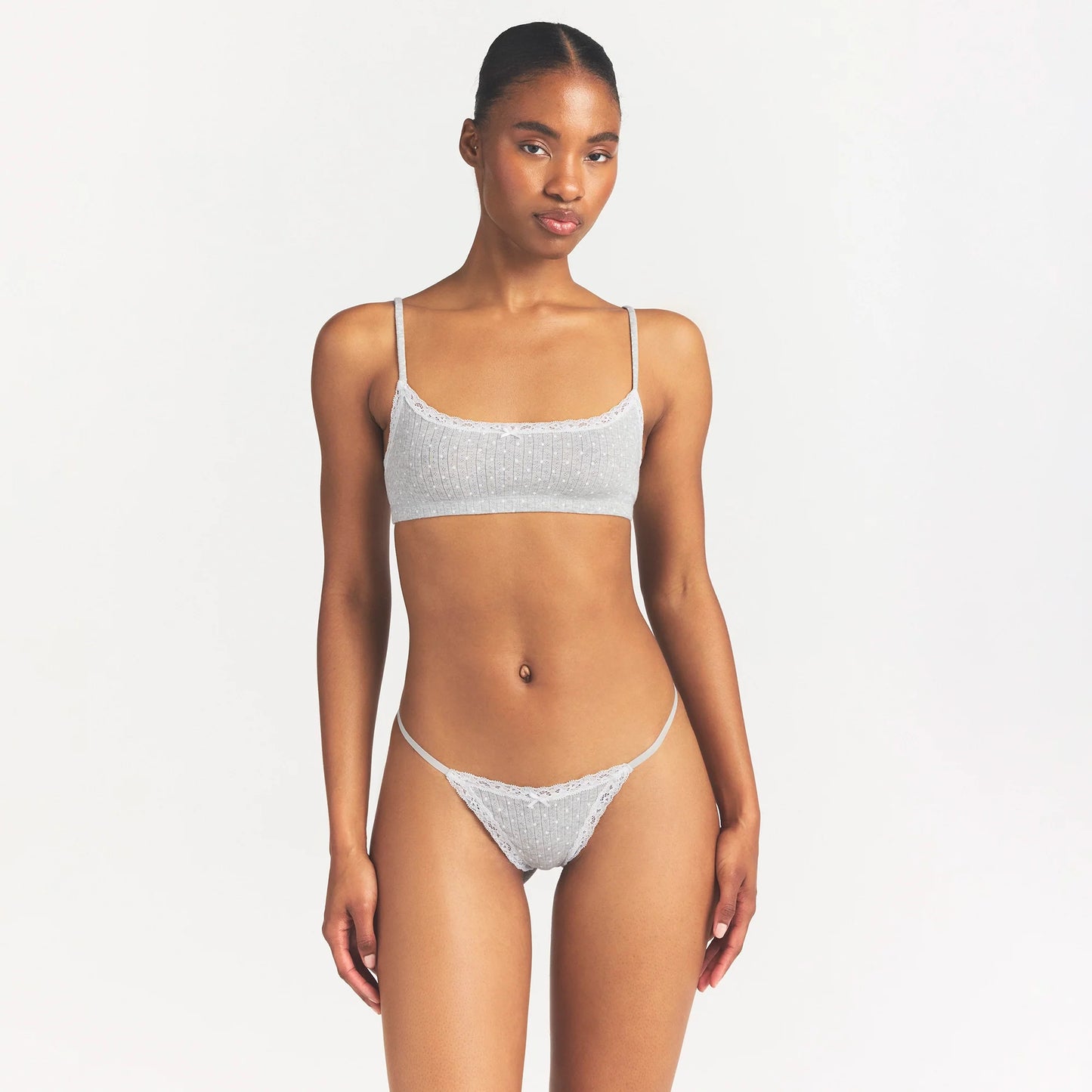 LIGHTWEIGHT COTTON POINTELLE SCOOP BRALETTE | LIGHT HEATHER GREY PIN DOT