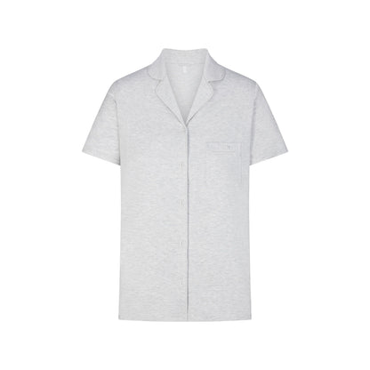 SKIMS SLEEP SHORT SLEEVE BUTTON UP SET | LIGHT HEATHER GREY