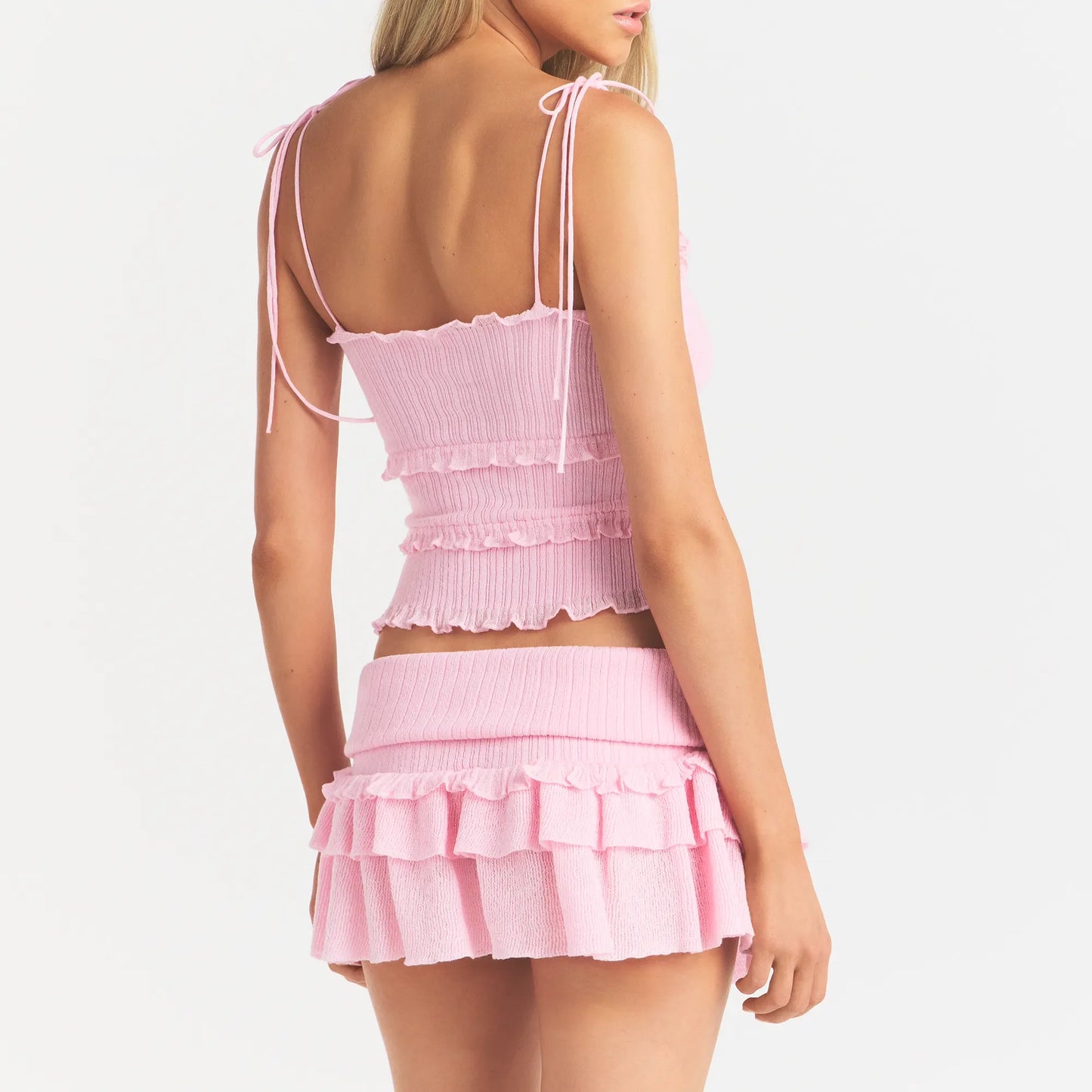 SHEER KNIT RUFFLE CAMI | PEONY