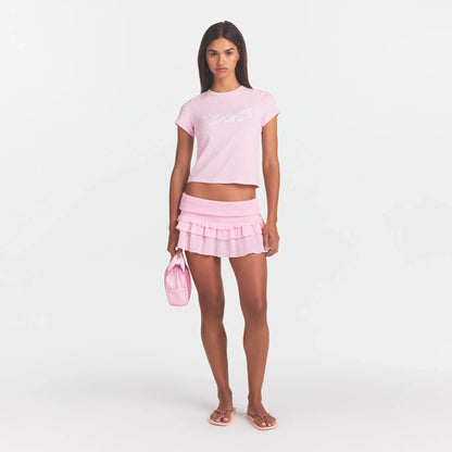 SHEER KNIT RUFFLE MINI SKIRT | PEONY