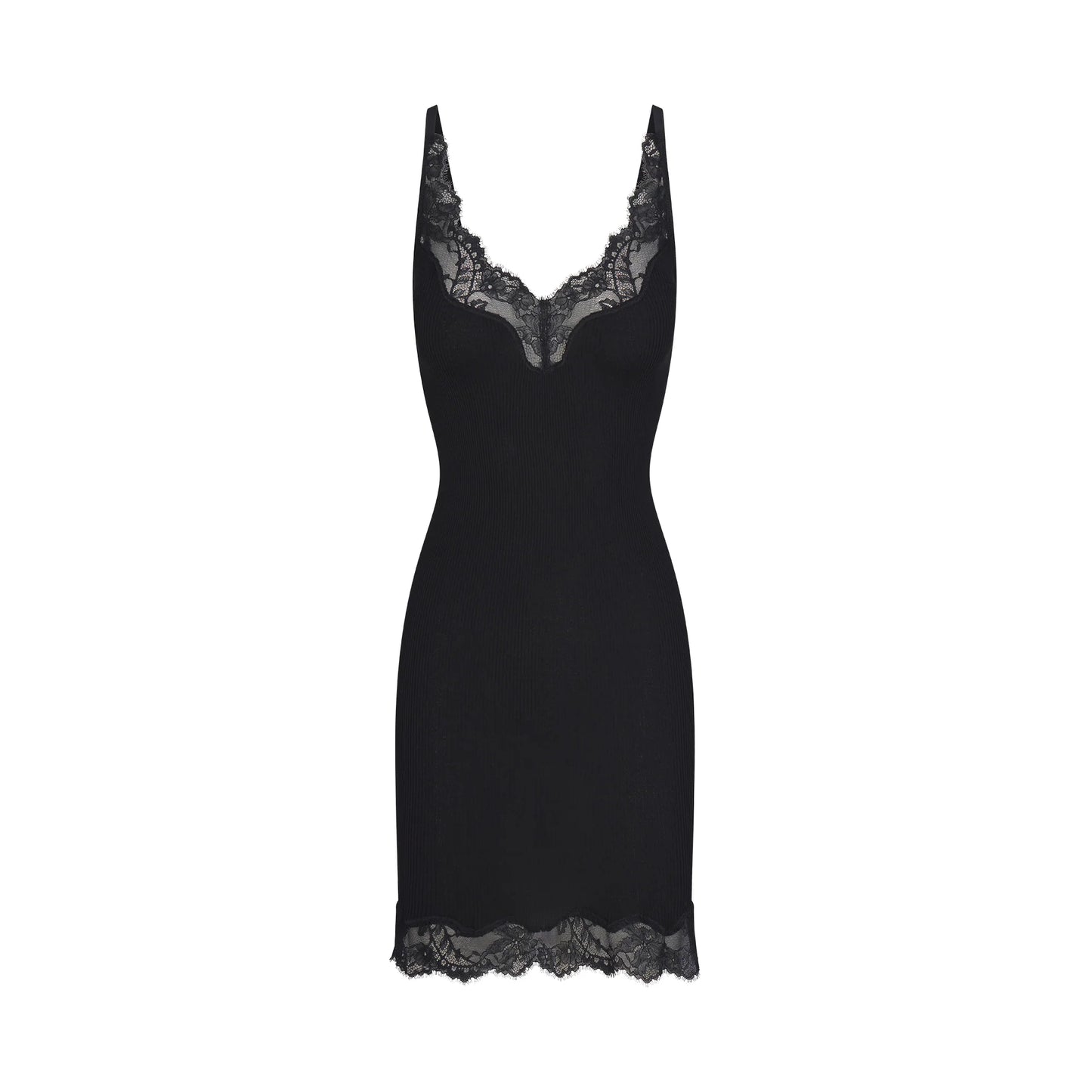 RIB KNIT LACE MINI DRESS | OBSIDIAN