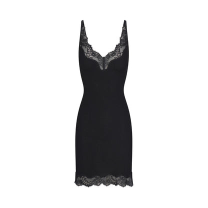 RIB KNIT LACE MINI DRESS | OBSIDIAN
