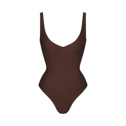 SKIMS BODY UNLINED PLUNGE THONG BODYSUIT | COCOA
