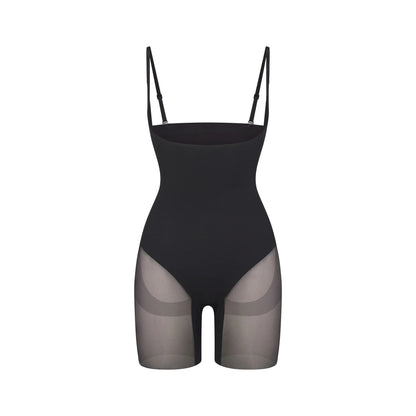 POWER MESH SHAPEWEAR CORE SCULPT OPEN BUST MID THIGH BODYSUIT | ONYX