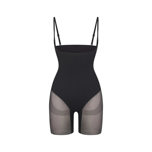 POWER MESH SHAPEWEAR CORE SCULPT OPEN BUST MID THIGH BODYSUIT | ONYX