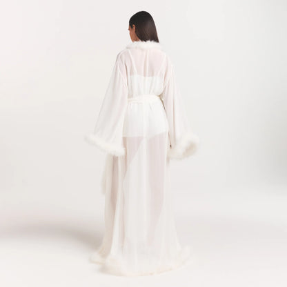 BRIDAL SLEEP FEATHER TRIM LONG ROBE | IVORY