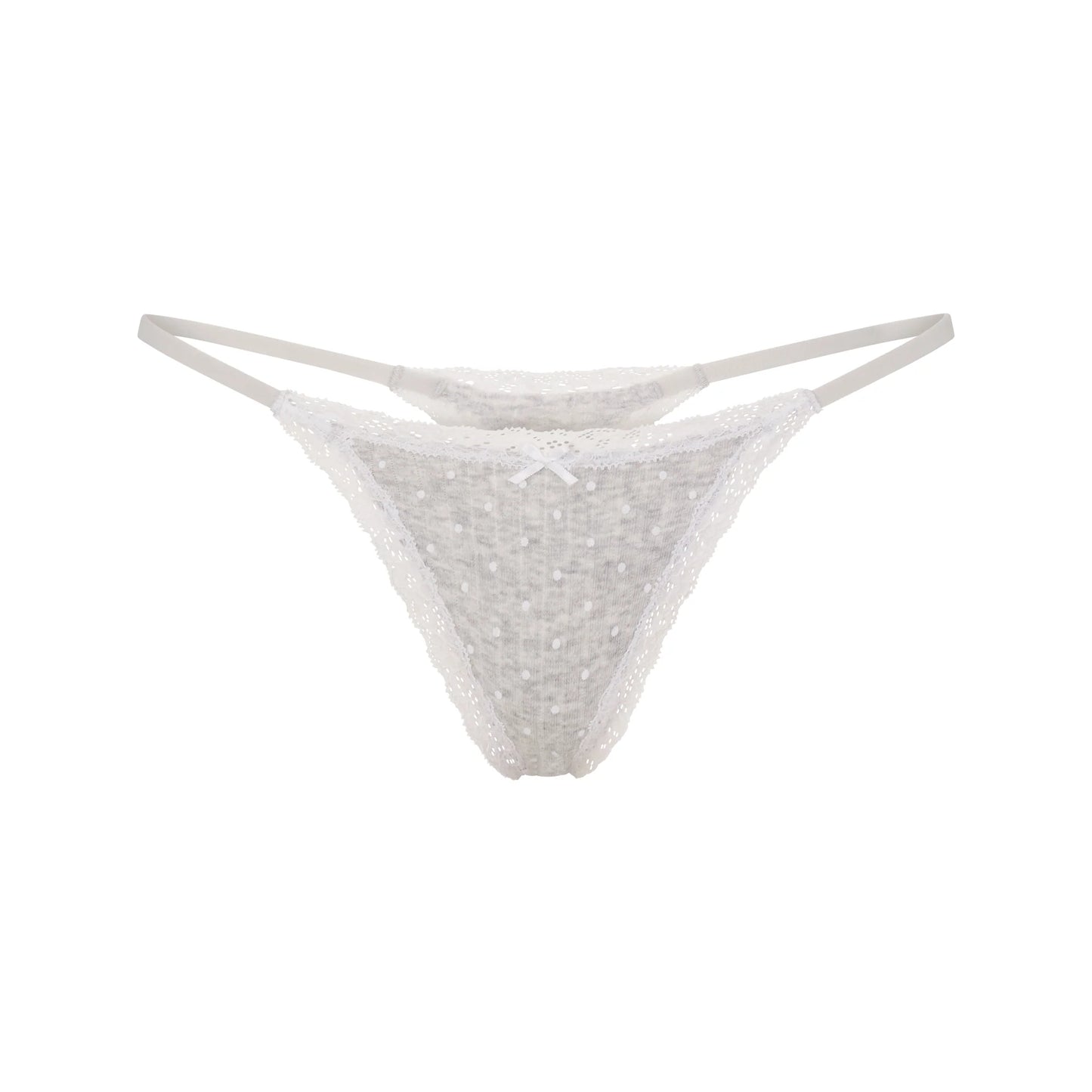 LIGHTWEIGHT COTTON POINTELLE LACE STRING THONG | LIGHT HEATHER GREY PIN DOT