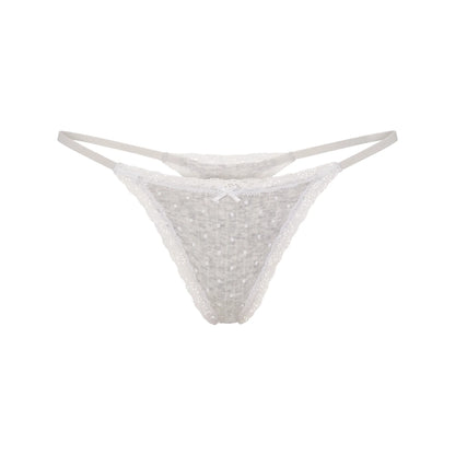 LIGHTWEIGHT COTTON POINTELLE LACE STRING THONG | LIGHT HEATHER GREY PIN DOT