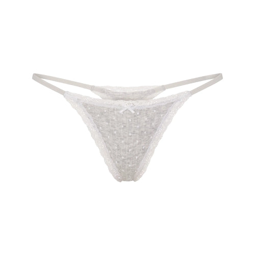 LIGHTWEIGHT COTTON POINTELLE LACE STRING THONG | LIGHT HEATHER GREY PIN DOT