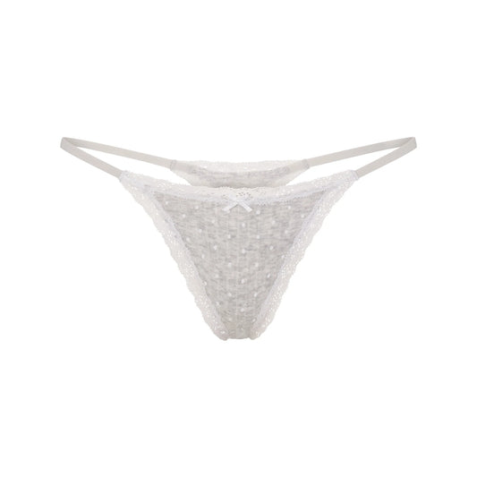 LIGHTWEIGHT COTTON POINTELLE LACE STRING THONG | LIGHT HEATHER GREY PIN DOT