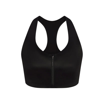 NikeSKIMS SATIN SHINE RACERBACK ZIP FRONT BRA | OBSIDIAN