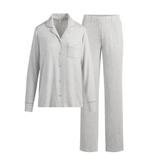 SKIMS SLEEP LONG SLEEVE BUTTON UP SET | LIGHT HEATHER GREY