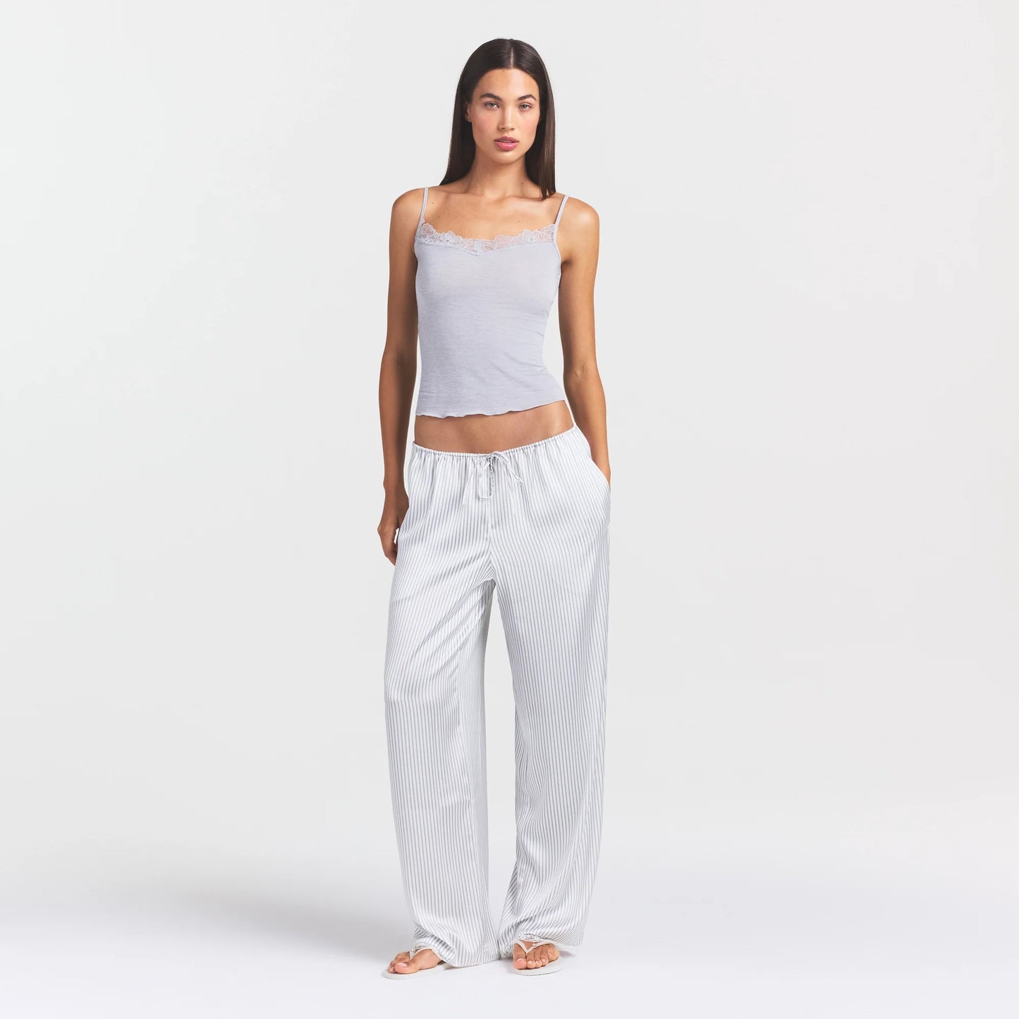 WOVEN SHINE LACE PANT | SILVER TRIPLE PINSTRIPE