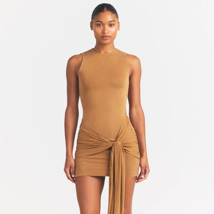 CUPRO JERSEY WRAP MINI DRESS | ALMOND