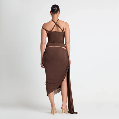 VETTESE X SKIMS SHEER MODAL DRAPED MIDI SKIRT  | COCOA