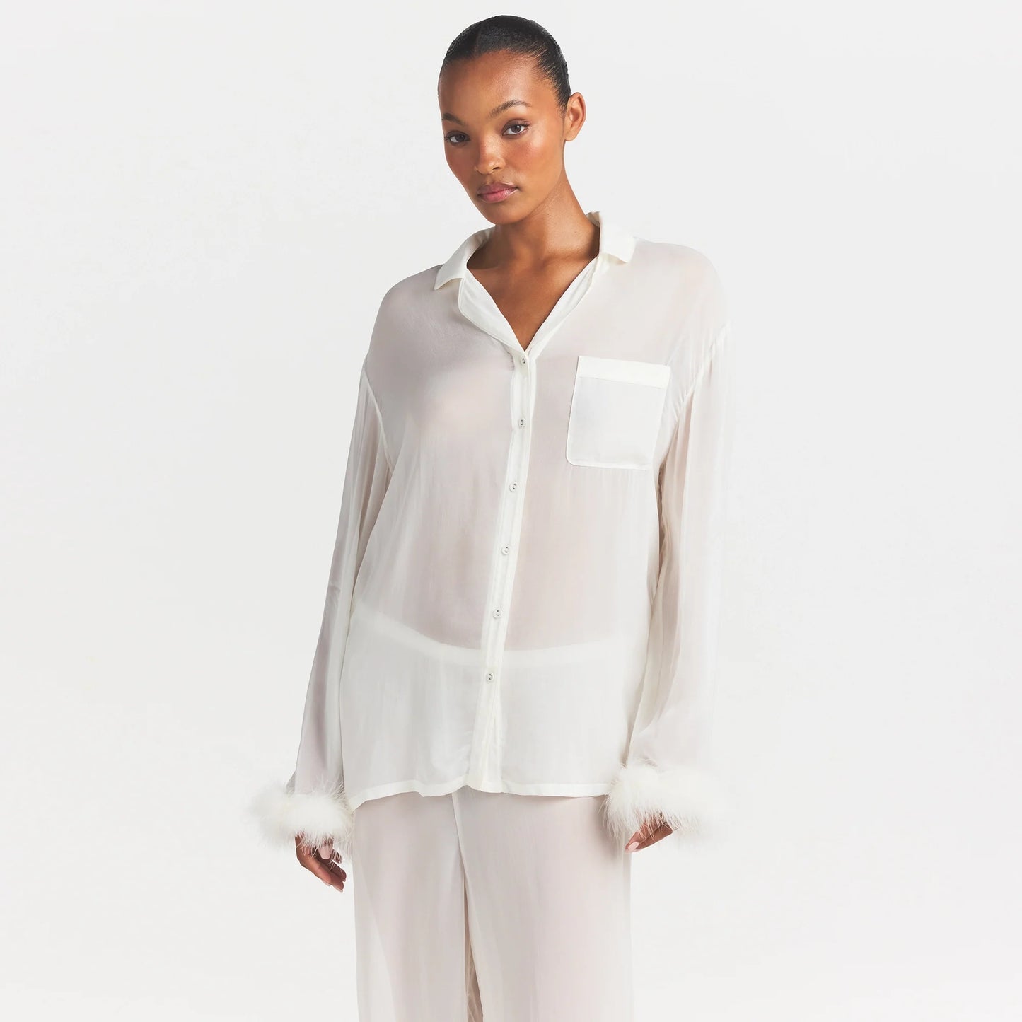 BRIDAL SLEEP FEATHER TRIM LONG SET | IVORY