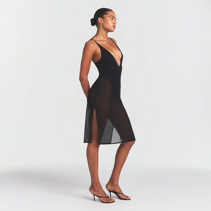 SKIMS BODY MESH PLUNGE MIDI DRESS | ONYX