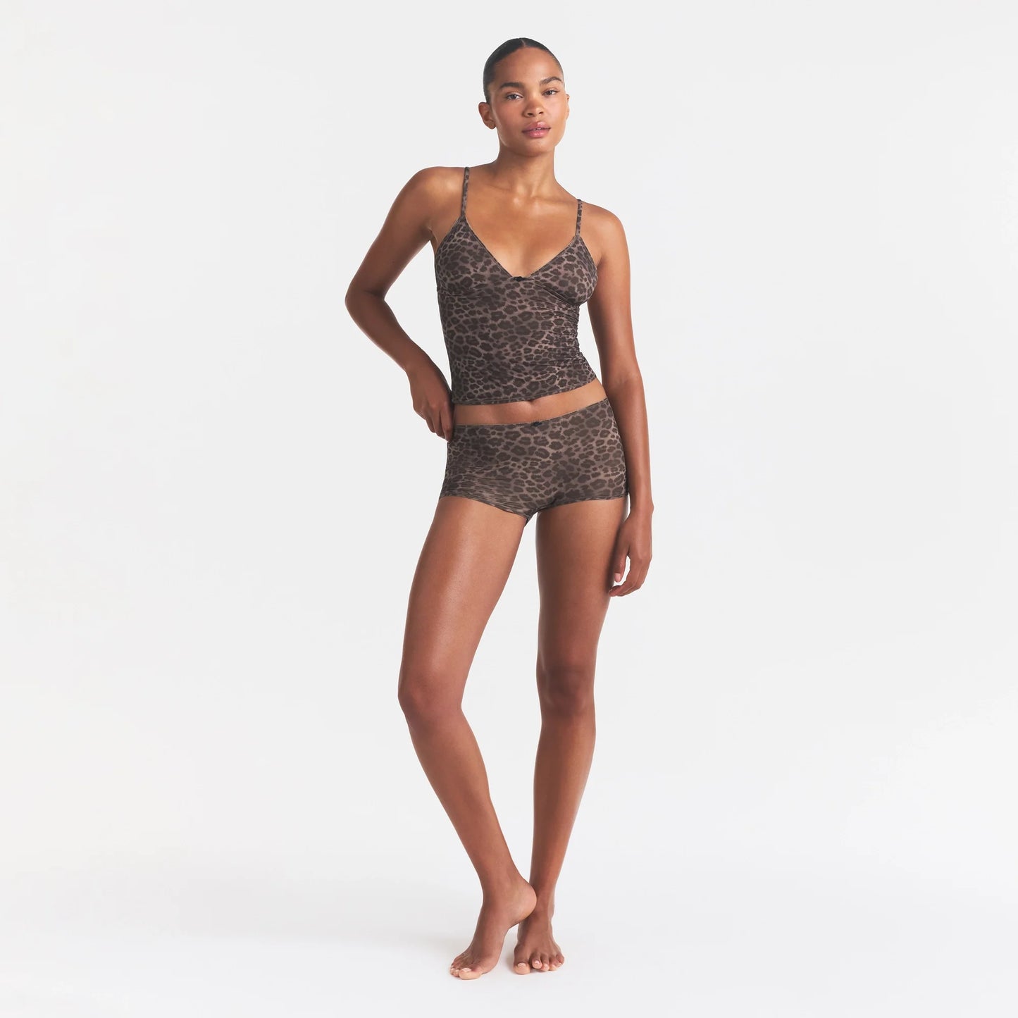 FITS EVERYBODY PICOT CAMI AND BOY SHORT SET | UMBER LEOPARD PRINT