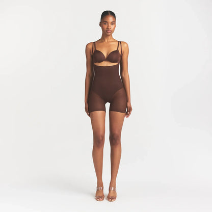 SKIMS BODY CORE SCULPT BACK SMOOTHING OPEN BUST MID THIGH BODYSUIT | COCOA