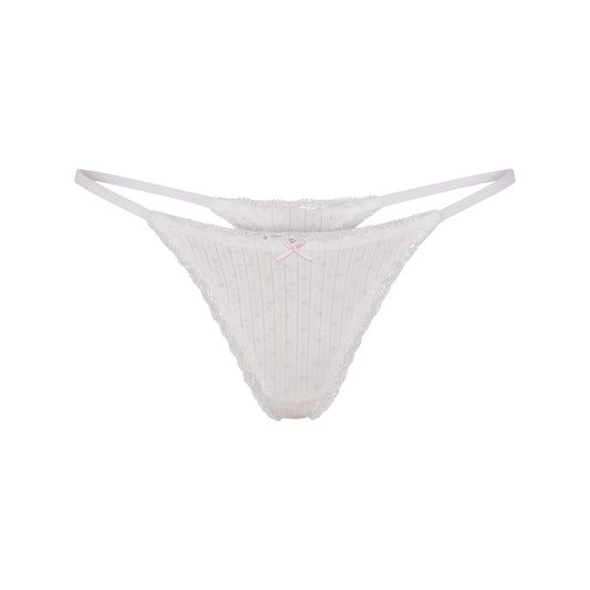 LIGHTWEIGHT COTTON POINTELLE LACE STRING THONG | SNOW PEONY PIN DOT