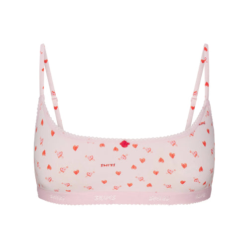 LIGHTWEIGHT COTTON LOGO PICOT SCOOP BRALETTE | BABY PINK ARROWED HEARTS