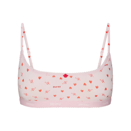 LIGHTWEIGHT COTTON LOGO PICOT SCOOP BRALETTE | BABY PINK ARROWED HEARTS