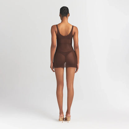 POWER MESH SHAPEWEAR OPEN BUST SLIP DRESS | COCOA