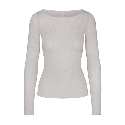 SHEER MODAL LONG SLEEVE BOATNECK TOP | HEATHER GREY