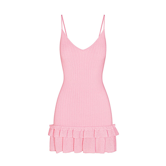 SHEER KNIT RUFFLE DRESS | PEONY