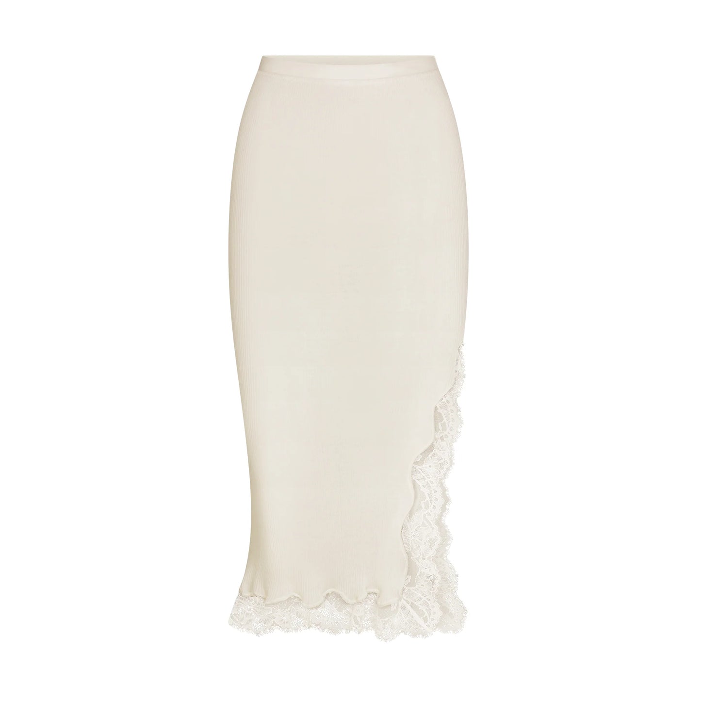 RIB KNIT LACE MIDI SKIRT | EGRET