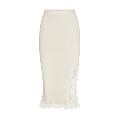 RIB KNIT LACE MIDI SKIRT | EGRET