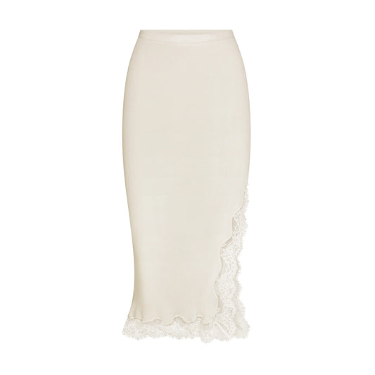 RIB KNIT LACE MIDI SKIRT | EGRET