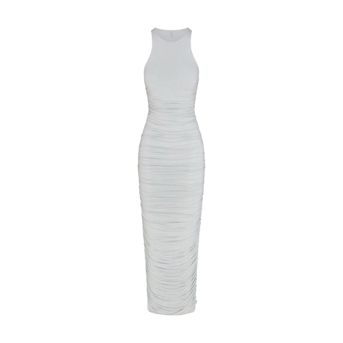 CUPRO JERSEY RUCHED LONG DRESS | PEARL