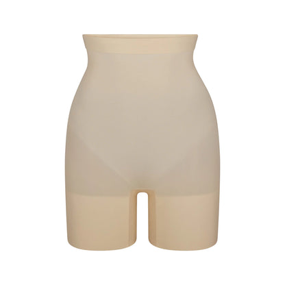 SHEER SEAMLESS HIGH-WAISTED MID THIGH SHORT | SAND