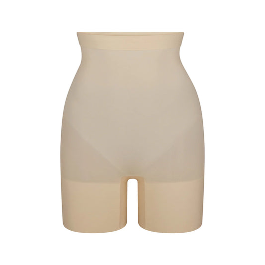 SHEER SEAMLESS HIGH-WAISTED MID THIGH SHORT | SAND